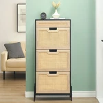 Garvee 53.7" Rustic Rattan Shoe Rack Cabinet, Flip Drawers + Top Storage. Fixed Price $122.19.