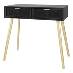 Benjara Pia 32" Wood Console Table- Drawers- Woven Rattan Design- Black/gold. Fixed Price $228.99.
