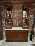 Antique Oak Marble Top Etagere / Barber Shop Counter Cabinet. Fixed Price $1500.00.