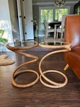 Vintage Rattan Side Tables, Pair Of 1970 Mid Century Modern, Wrapped Bent Steel. Fixed Price $699.00.